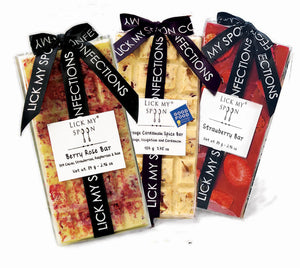 Lick My Spoon Chocolate Fruit Bars - Orange Cardamom Spice, Strawberry, Berry Rose